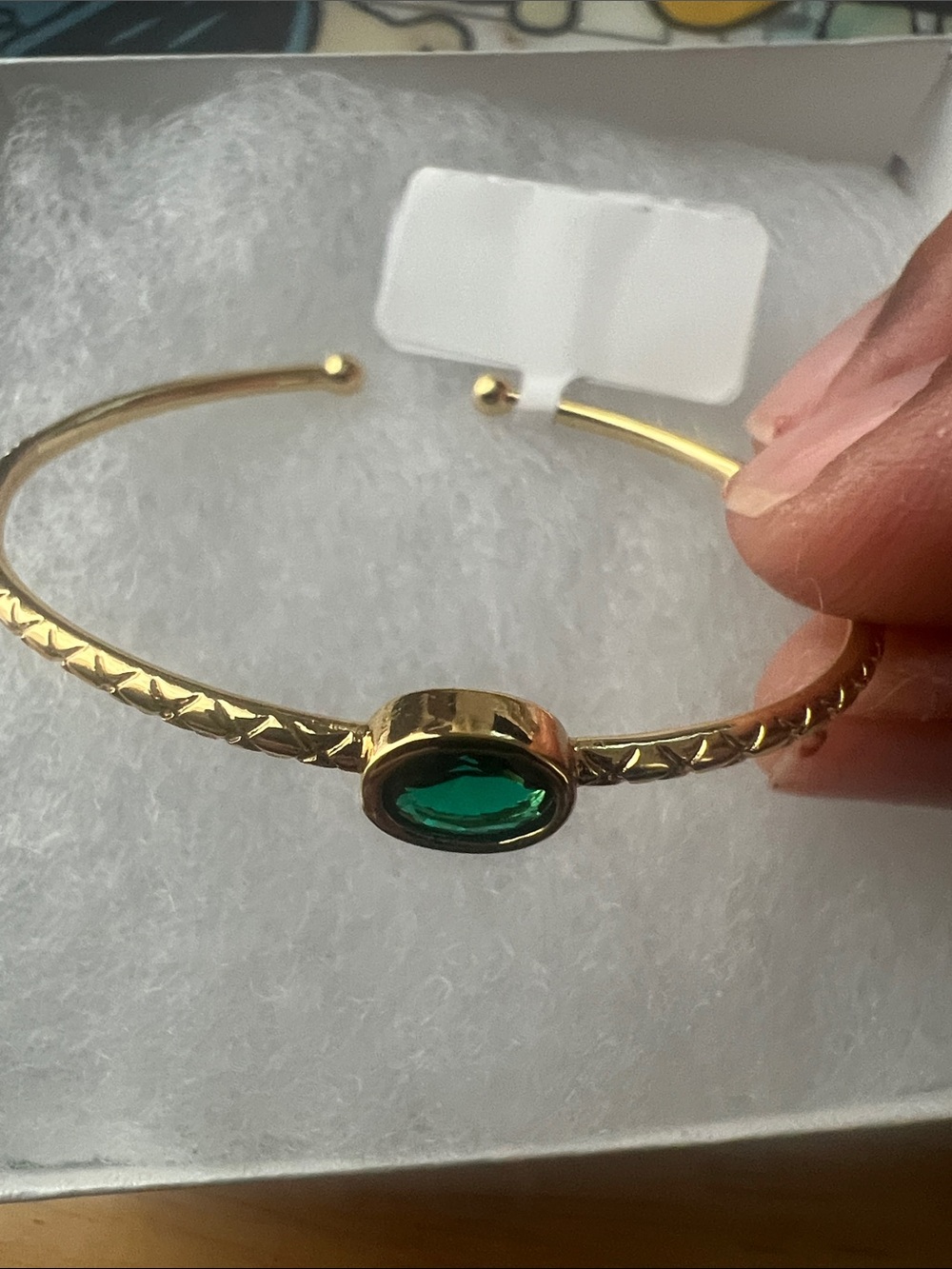 Gold-Tone Bangle Bracelet with Emerald Green Stone